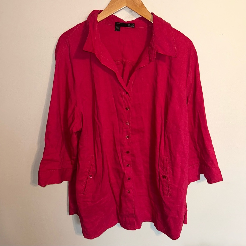 Eileen Fisher Vibrant Pink Button Up Linen Blouse Plus Size 1X - Picture 6 of 8